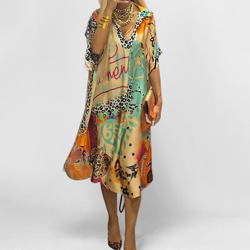 Leisure commuting leopard print color print deep V-neck dress long skirt for women