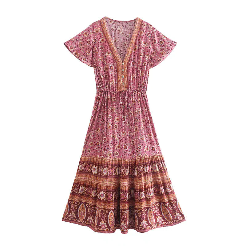 Vacation style cotton water print V-neck short sleeved dress