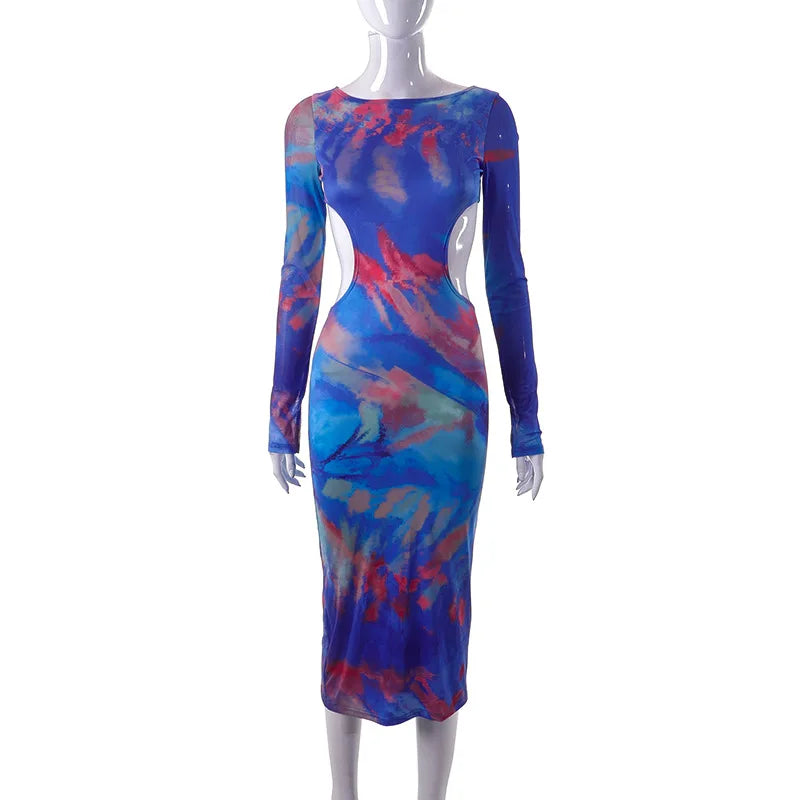 Blue Print Bodycon Dress with Sheer Mesh Sleeves Party Club Cut Out Backless Sexy Long Dresses for Women