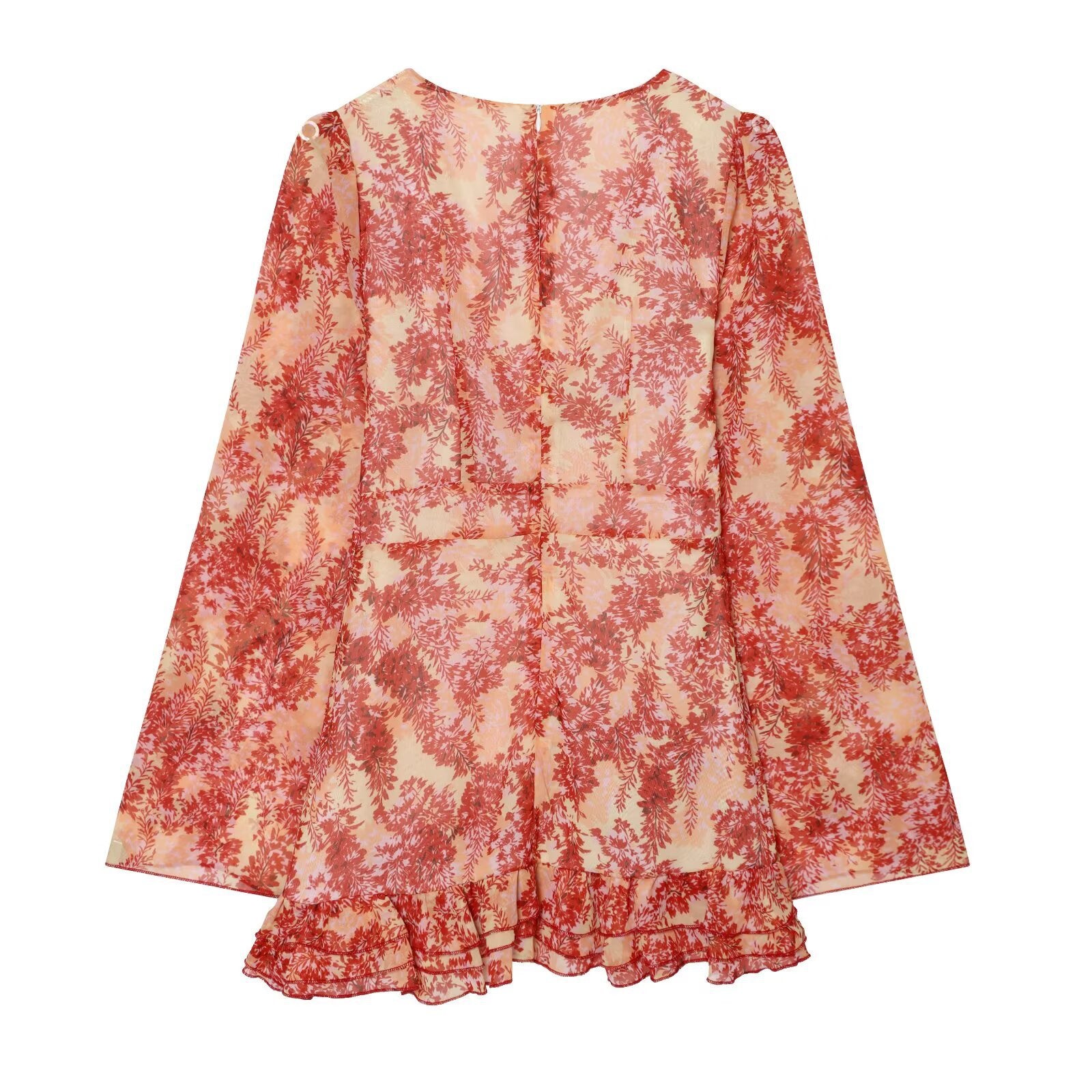 V-neck printed ruffle edge long sleeved dress