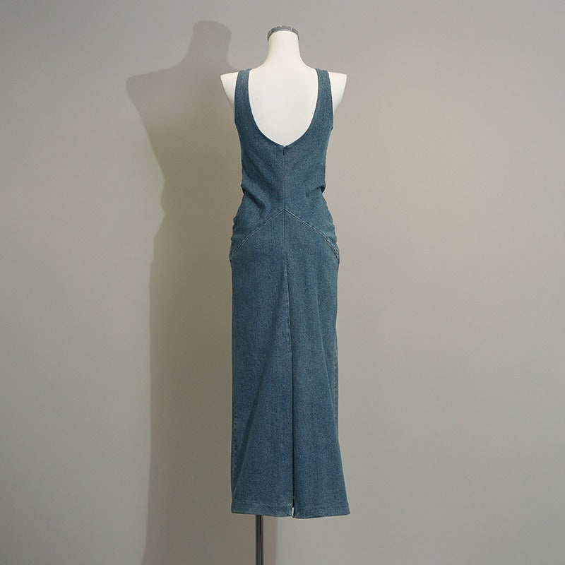 Split Waist Slim Long Dress Sexy Premium Denim Halter Dresses