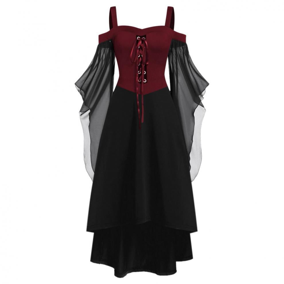 Plus Size Retro Off-Shoulder Gothic Flared Sleeve Irregular Halloween Witch Strap Tie-Up Dress