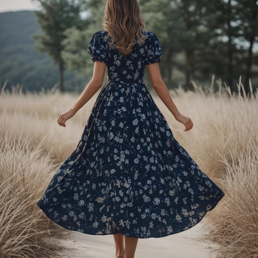 Printed V-neck loose short sleeved women's dress