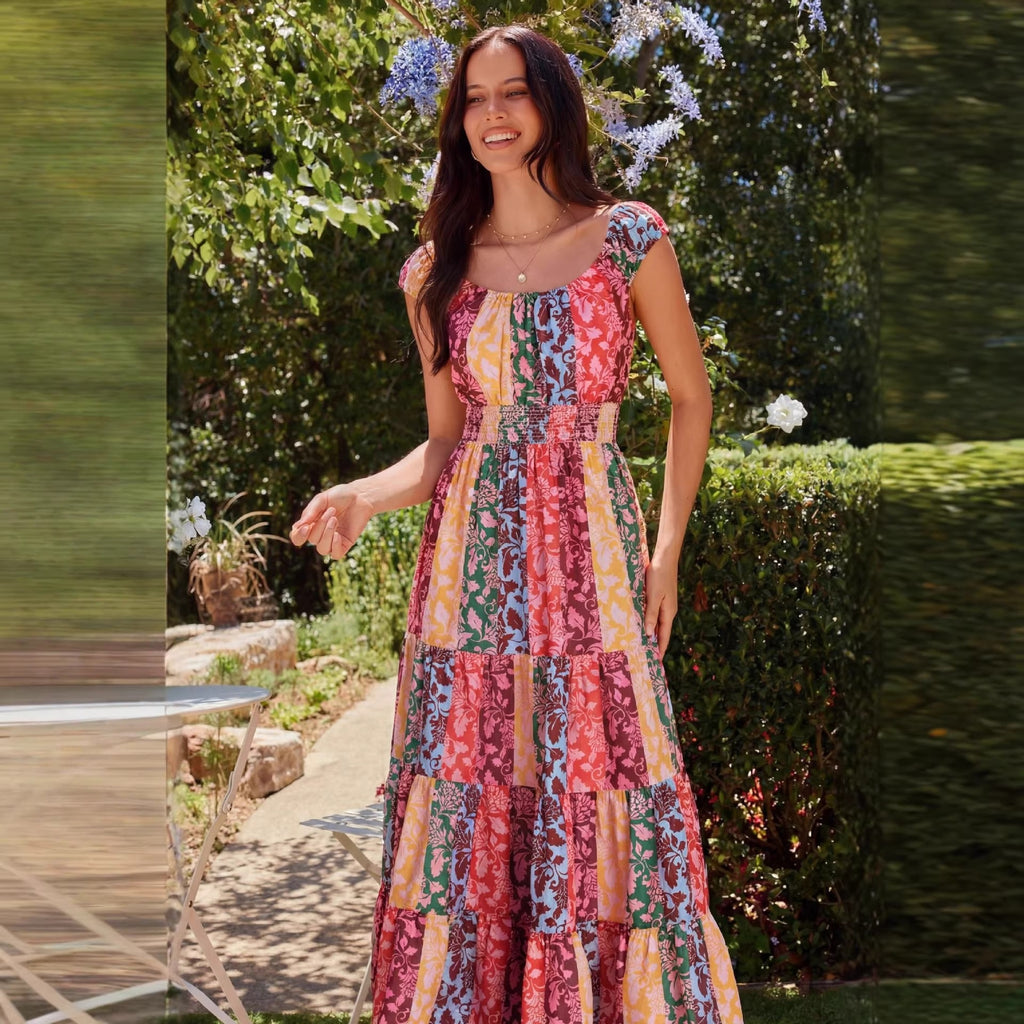 Fashion Bohemian Print Gathered Waist Dress