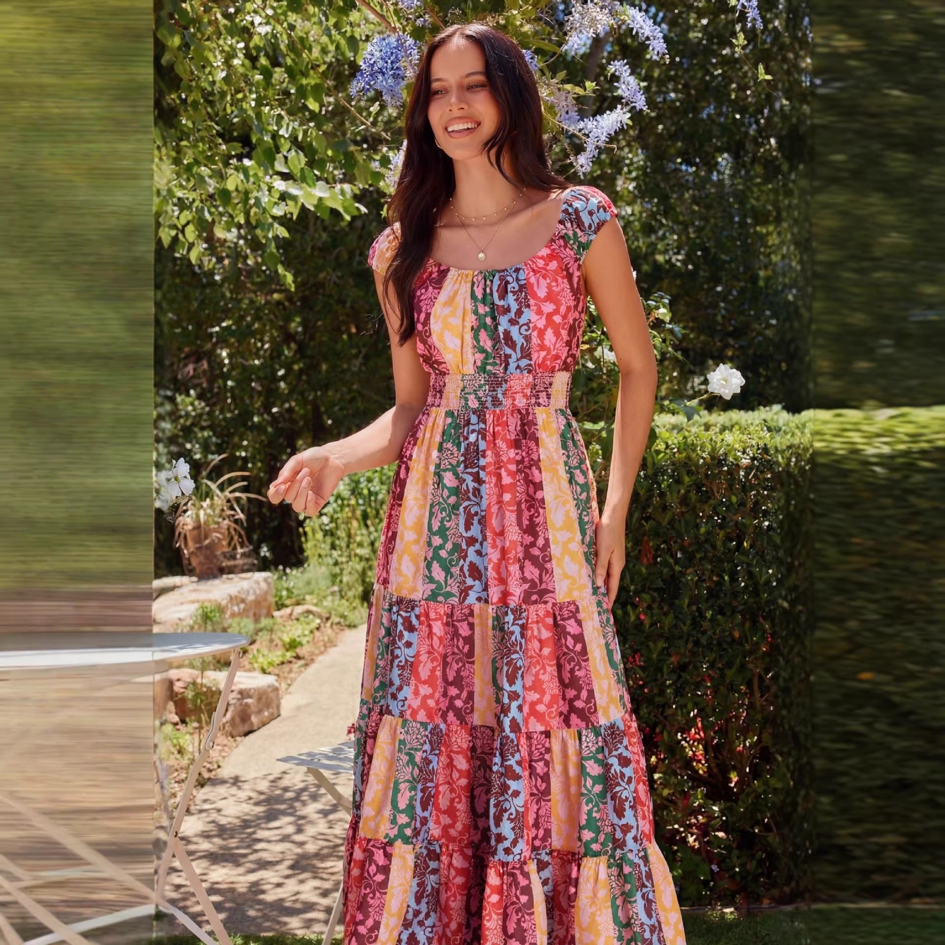 Fashion Bohemian Print Gathered Waist Dress