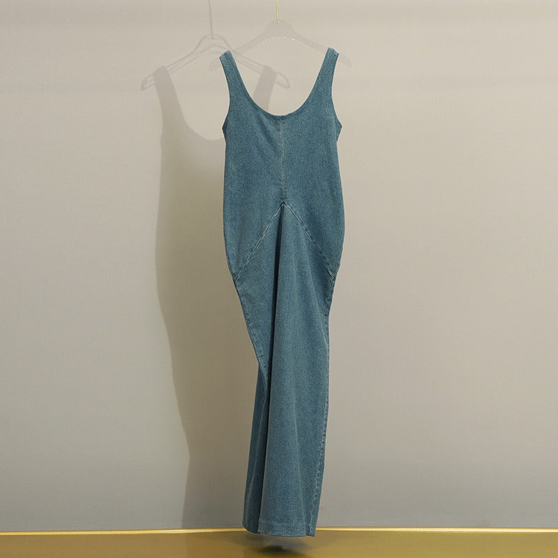 Split Waist Slim Long Dress Sexy Premium Denim Halter Dresses
