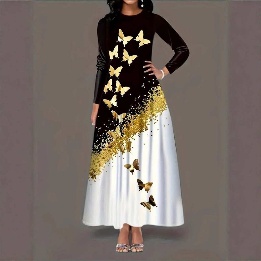 Style Butterfly Print Long Sleeve Round Neck A-Line Dress with Pockets