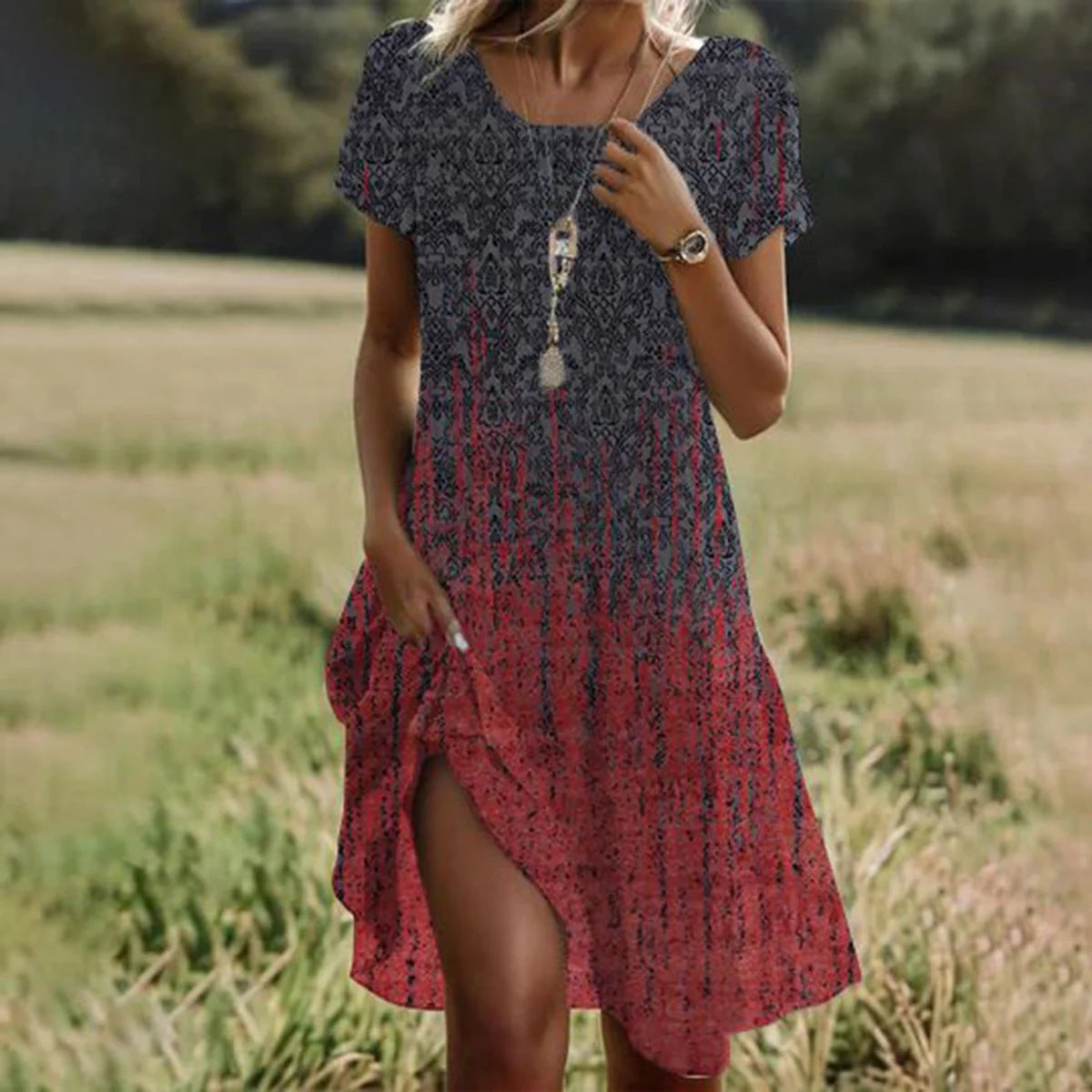 Summer Bohemian Style Large Round Neck Mid-Length Dress