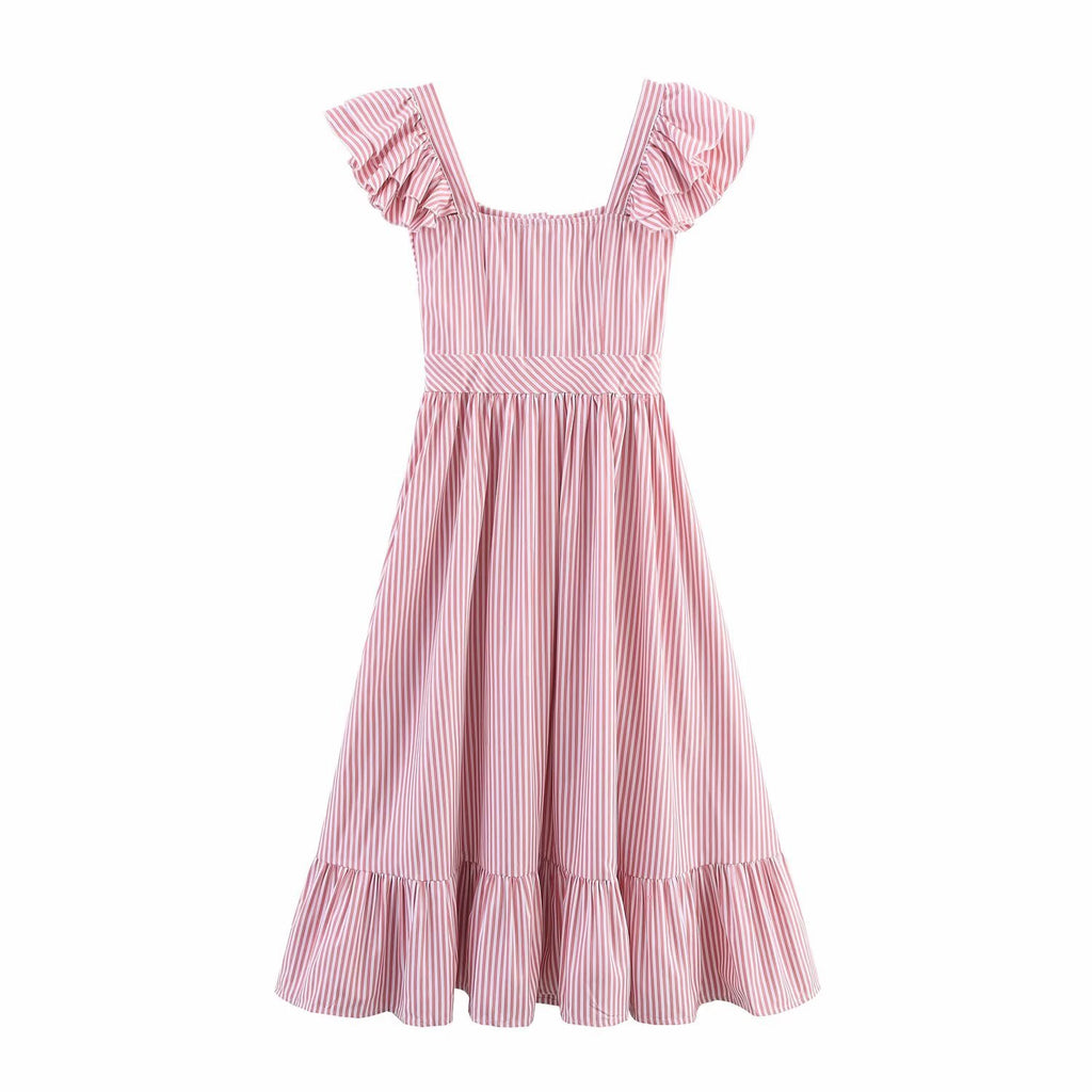 Single breasted striped ruffle edge waist cinched dress