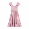 Single breasted striped ruffle edge waist cinched dress