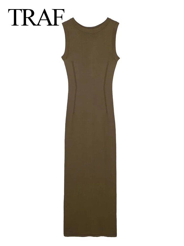 TRAF Summer Sexy Women Bodycon Dress O Neck Sleeveless Skinny Female Midi Long Dresses Female Dresses Vestidos Mujer