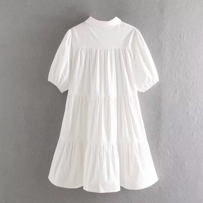 Sweet Wind Bubble Sleeve White Shirt Dress
