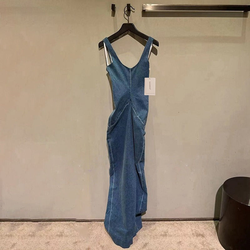 Split Waist Slim Long Dress Sexy Premium Denim Halter Dresses