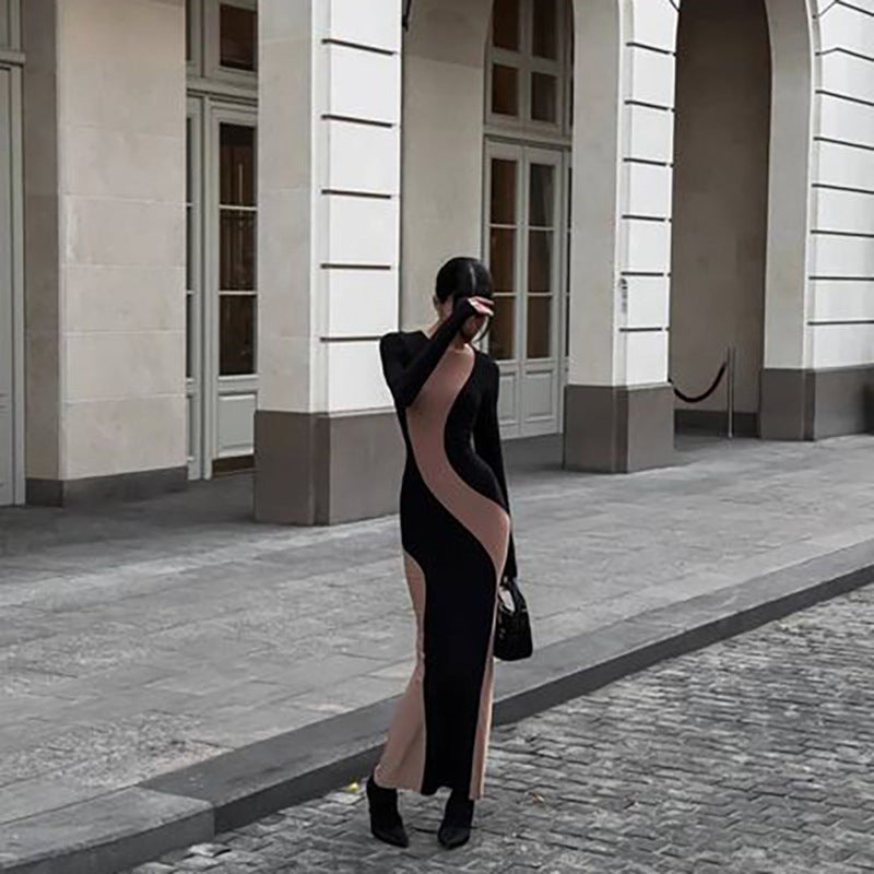 Colorblock Long Sleeve Dress Autumn Fashion Sexy Bodycon Long Dresses