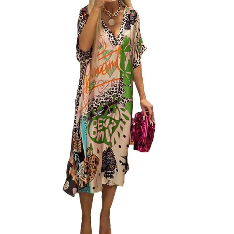 Leisure commuting leopard print color print deep V-neck dress long skirt for women