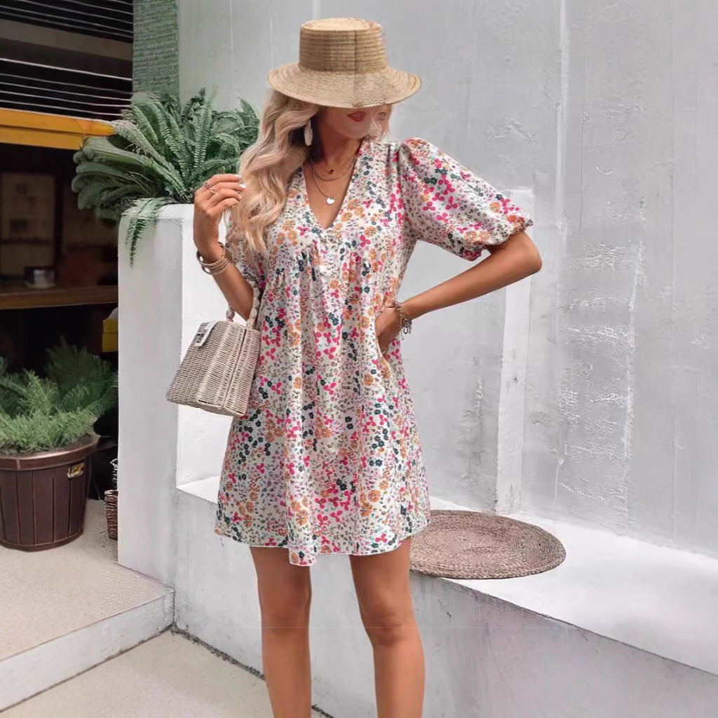 Cute Floral Print V-Neck Puff Sleeve Pleated Casual Loose Dress for Women