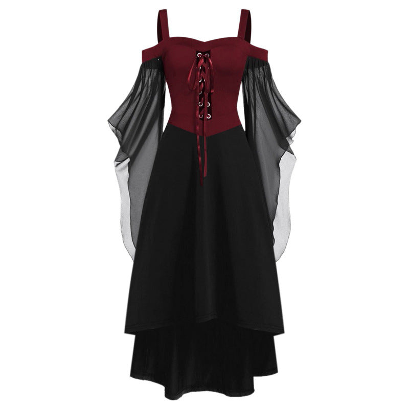 Plus Size Retro Off-Shoulder Gothic Flared Sleeve Irregular Halloween Witch Strap Tie-Up Dress