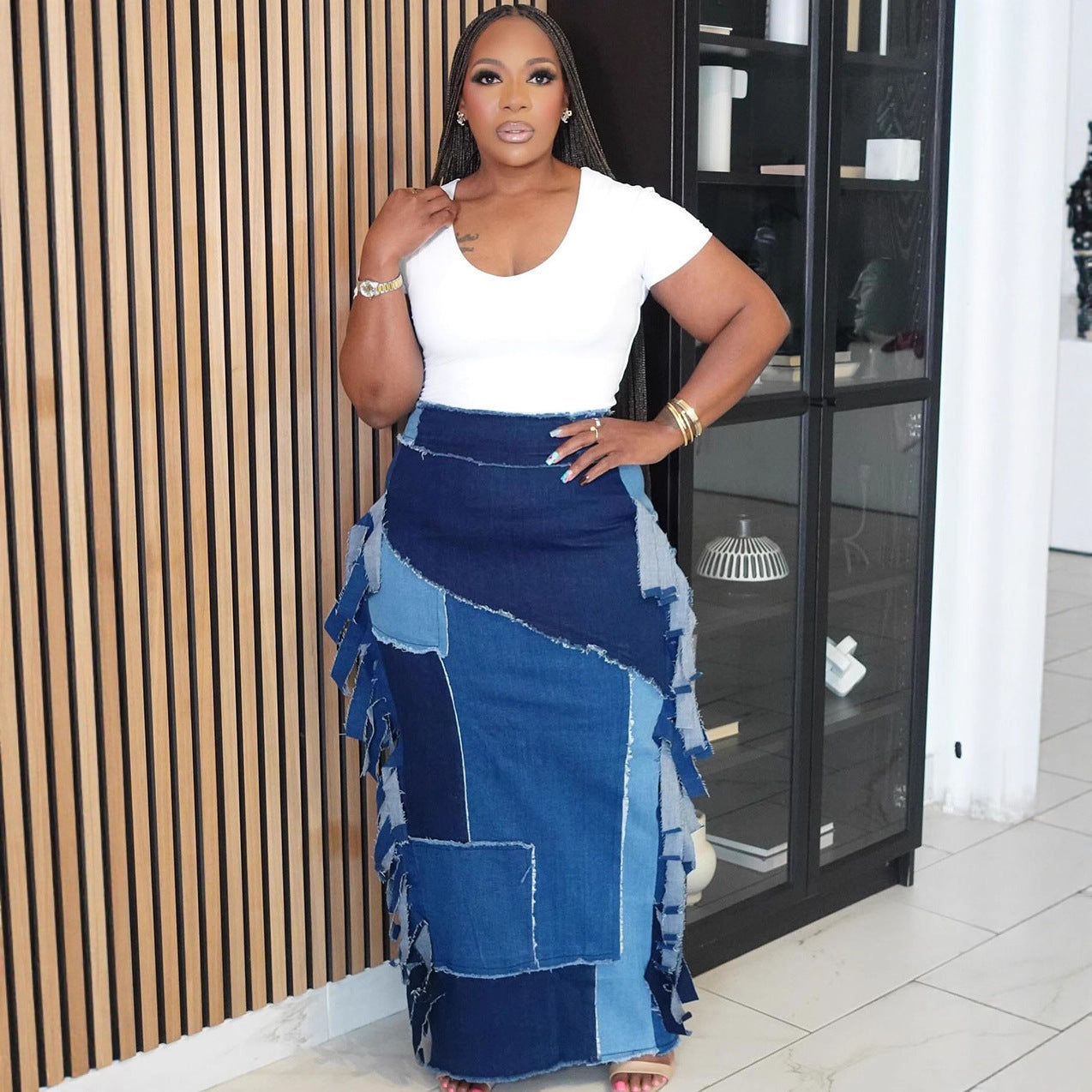 Women's Western Style Denim Skirt Fashion Washed Color-Block Fringe High Waist Midi Skirt