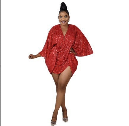Sequins Women Draped Batwing Sleeve Mini Dress Sexy Party Clubwear Elegant INS Loose Backless Dresses