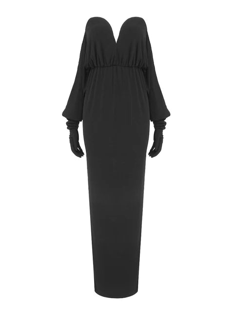 Solid Patchwork Glove Elegant Dresses For Women Strapless Half Sleeve High Waist Backless Sexy Dress Female Fashion