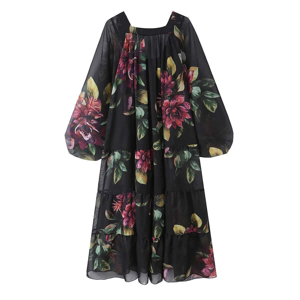 Chiffon printed loose fit large swing inner knitted suspender dress