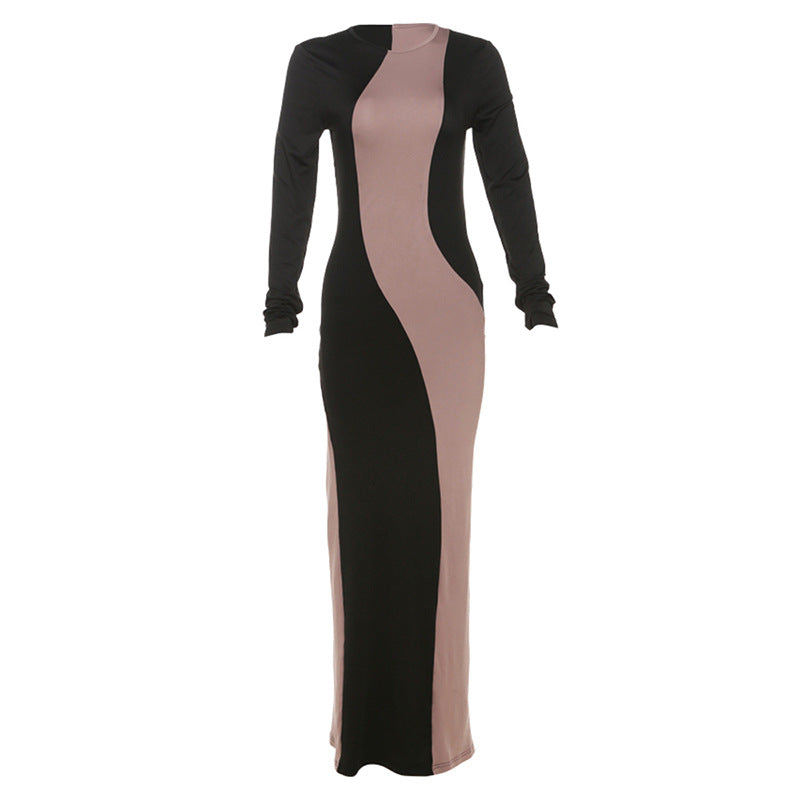 Colorblock Long Sleeve Dress Autumn Fashion Sexy Bodycon Long Dresses