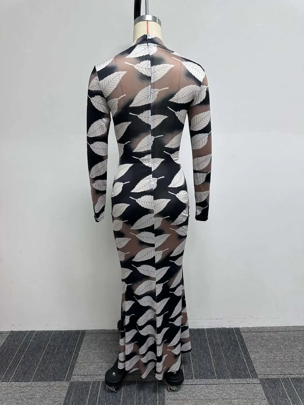 Leaf Print Long Sleeve Mermaid Dress Women Elegant Sexy Fall Winter Clothes  Long Sleeve Maxi Dresses