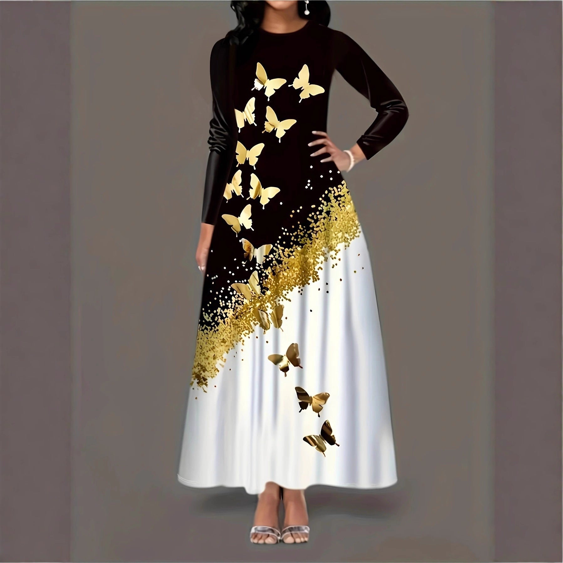 Style Butterfly Print Long Sleeve Round Neck A-Line Dress with Pockets