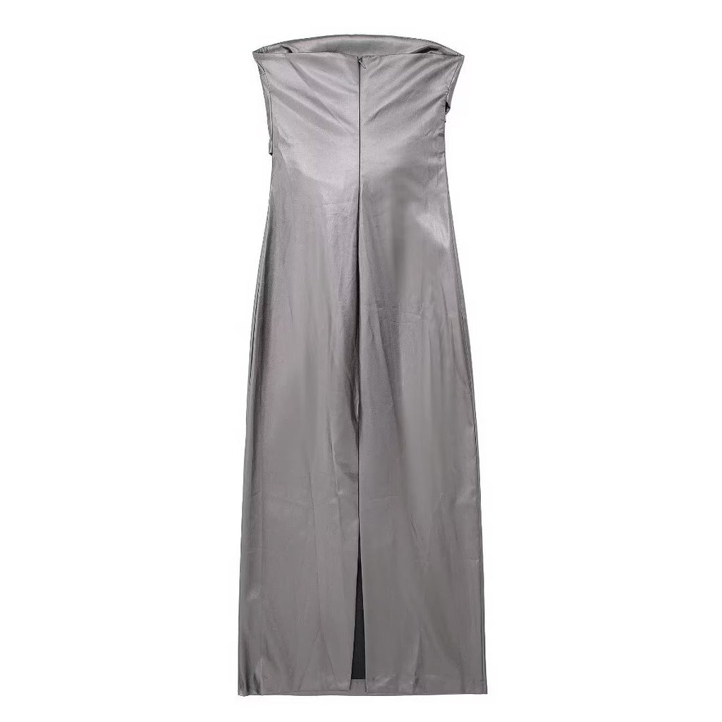 Women Fashion Metallic Strapless Gathered Midi Dress Sexy Straight Neck Back Zipper Female Dresses Vestidos Mujer
