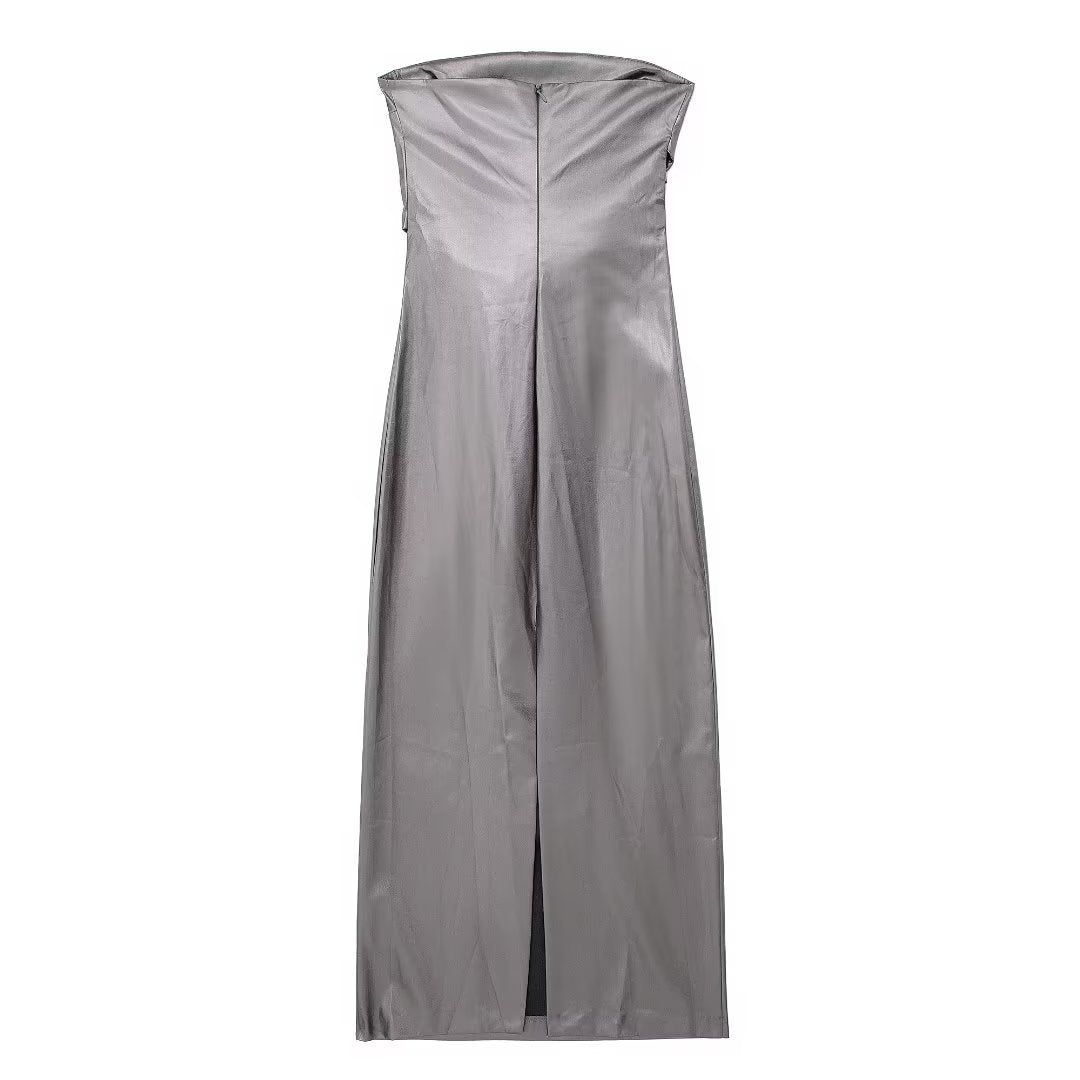 Women Fashion Metallic Strapless Gathered Midi Dress Sexy Straight Neck Back Zipper Female Dresses Vestidos Mujer
