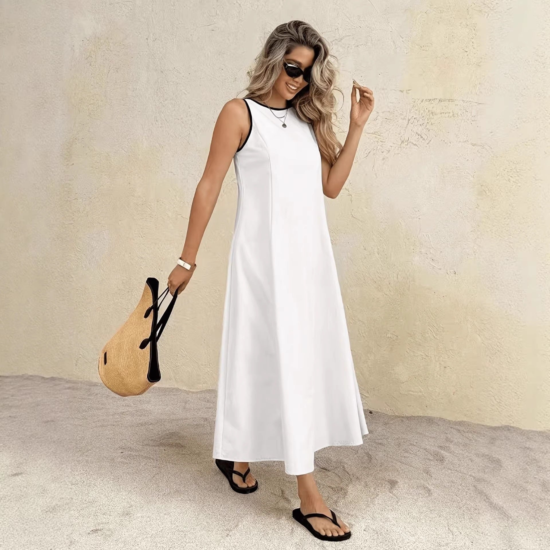 New popular solid color summer new vest long dress