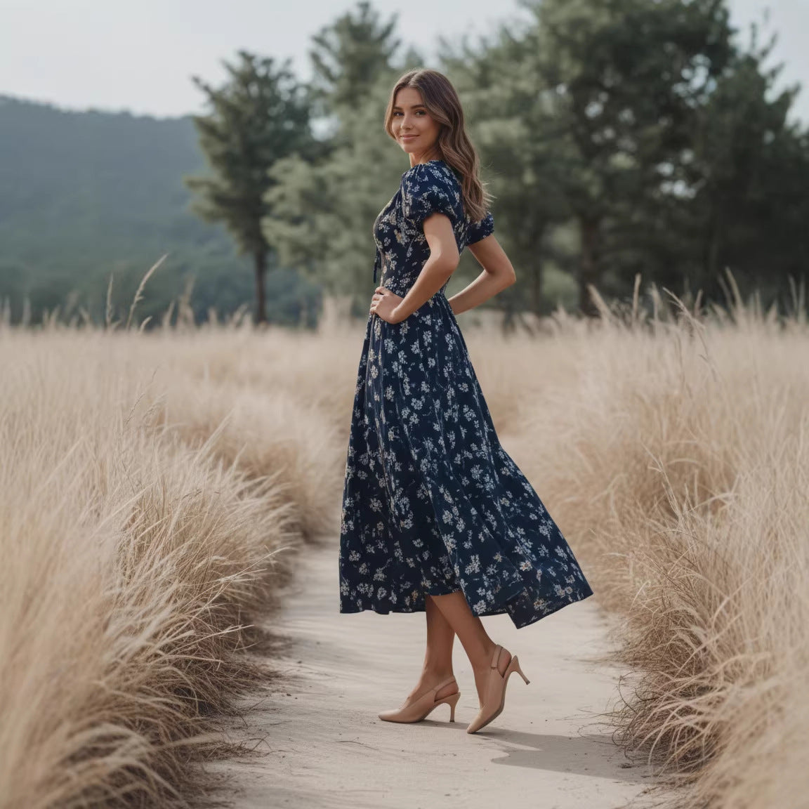 Printed V-neck loose short sleeved women's dress