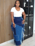 Women's Western Style Denim Skirt Fashion Washed Color-Block Fringe High Waist Midi Skirt