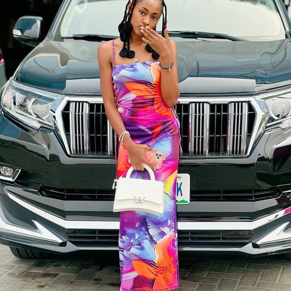 Women's Strap Dress, Sexy Print Tie-Up Slip Long Dress