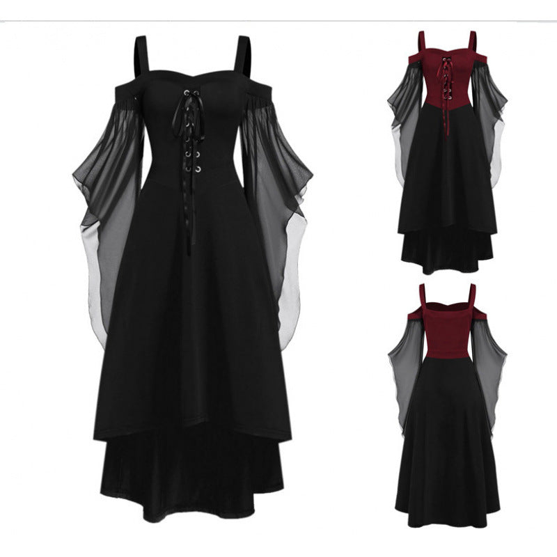 Plus Size Retro Off-Shoulder Gothic Flared Sleeve Irregular Halloween Witch Strap Tie-Up Dress