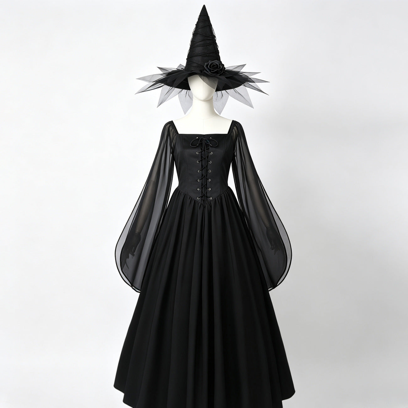 Dark Witch Square Neck Flared Long Dress with Bell Sleeves Vintage Formal Gown for Halloween Costume