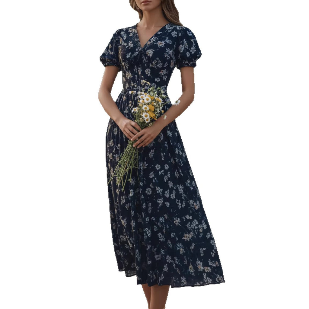 Printed V-neck loose short sleeved women's dress