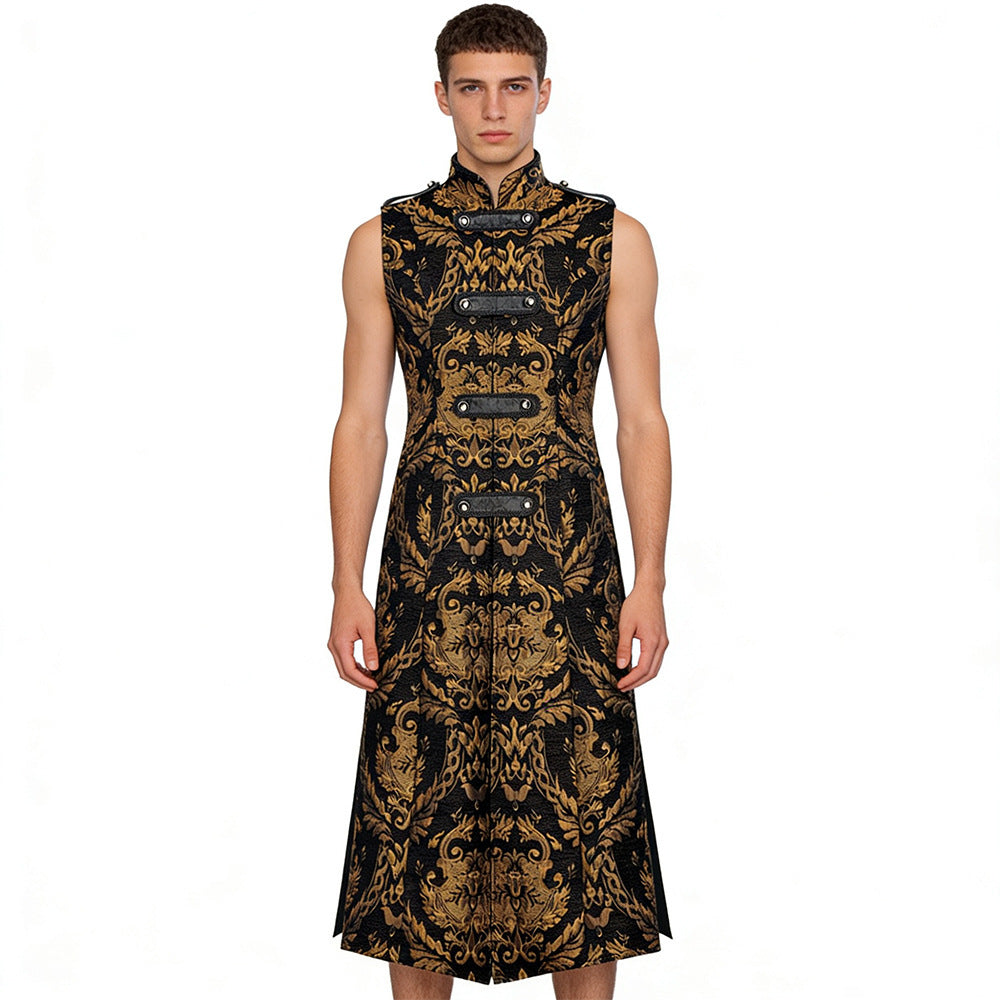 Halloween Black Long Robe Punk Gothic Sleeveless Stand Collar Dress Stage Costume Outerwear Long Vest Men's Punk Clothing