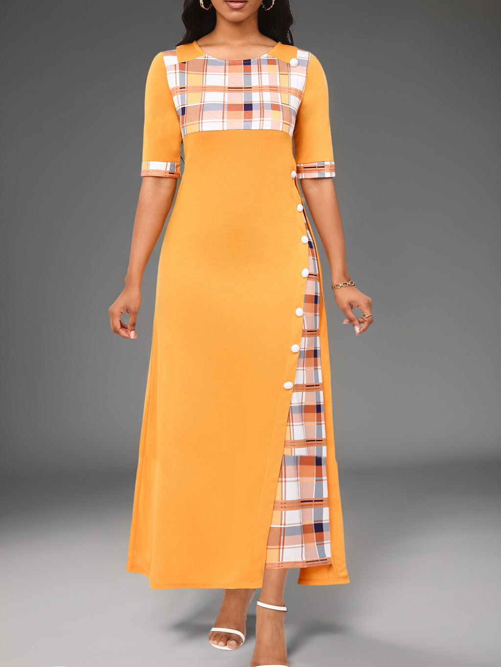 Large Stock New Style Dress Round Neck Color Block Mid Sleeve Irregular Long Dress