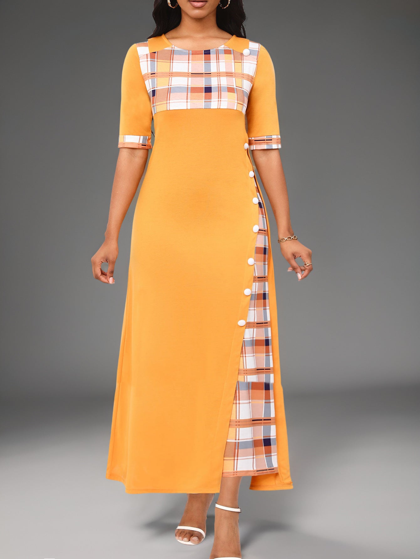 Large Stock New Style Dress Round Neck Color Block Mid Sleeve Irregular Long Dress