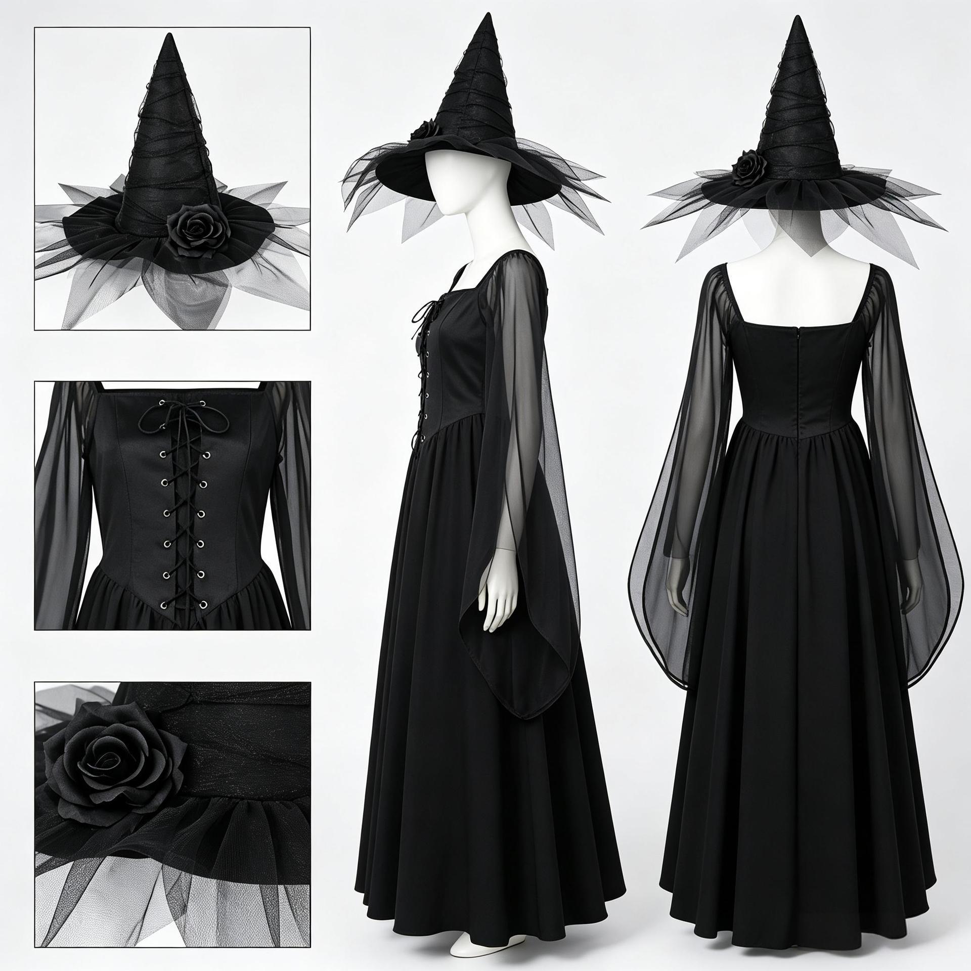 Dark Witch Square Neck Flared Long Dress with Bell Sleeves Vintage Formal Gown for Halloween Costume