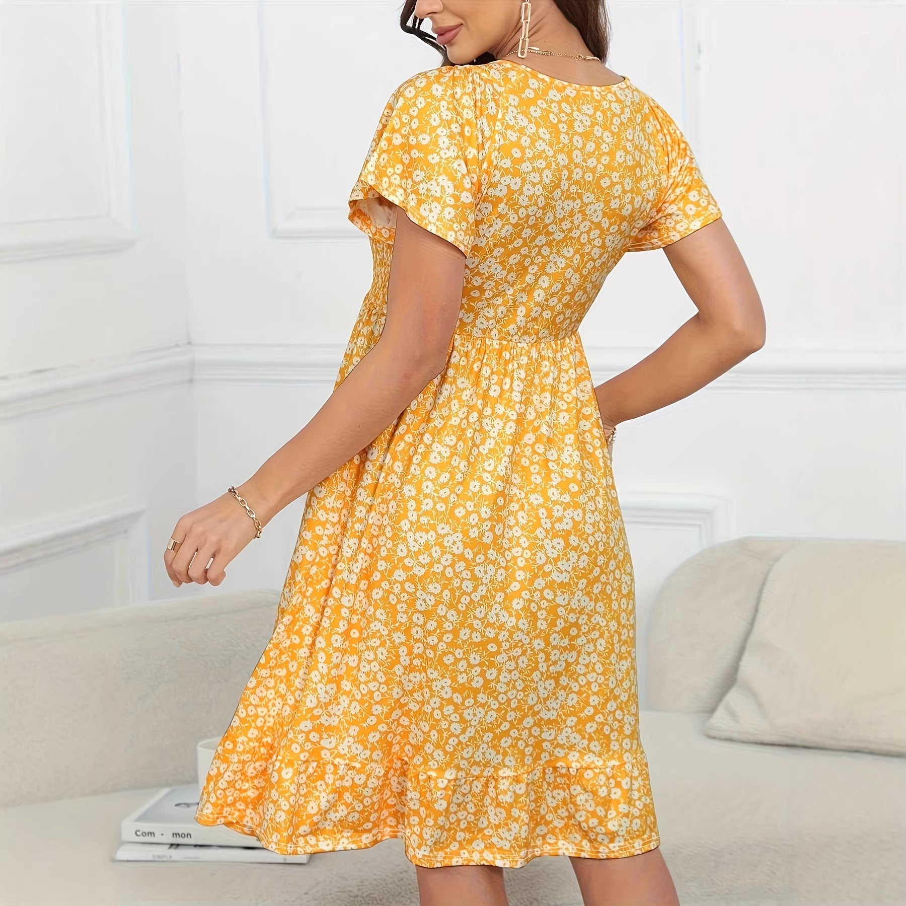 Printed Short Sleeve V-Neck A-Line Dress for Women  Summer Vacation Fashion