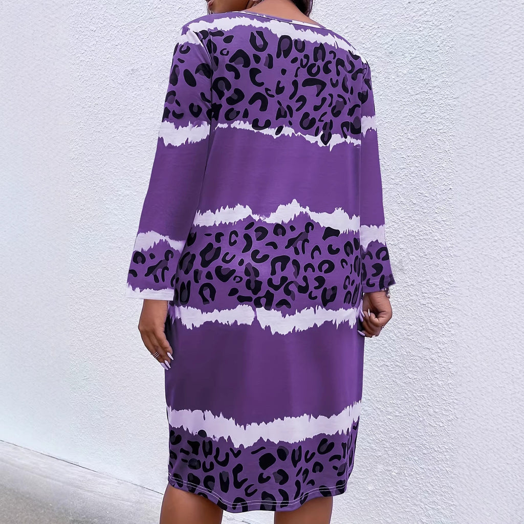 Fashionable V-Neck Printed Leopard Print Casual Comfortable Plus Size Dress
