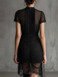 New European black see through lace patchwork dress, slim and tall, slit skirt with lace