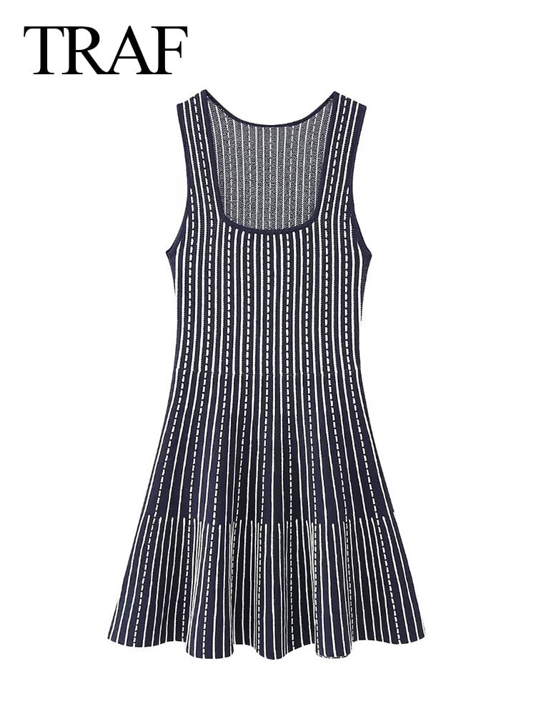 TRAF Woman 2023 New Fashion Stripe Dress Sleeveless Square Neck Ruffles Dresses For Women Sexy Evening Party Dresses