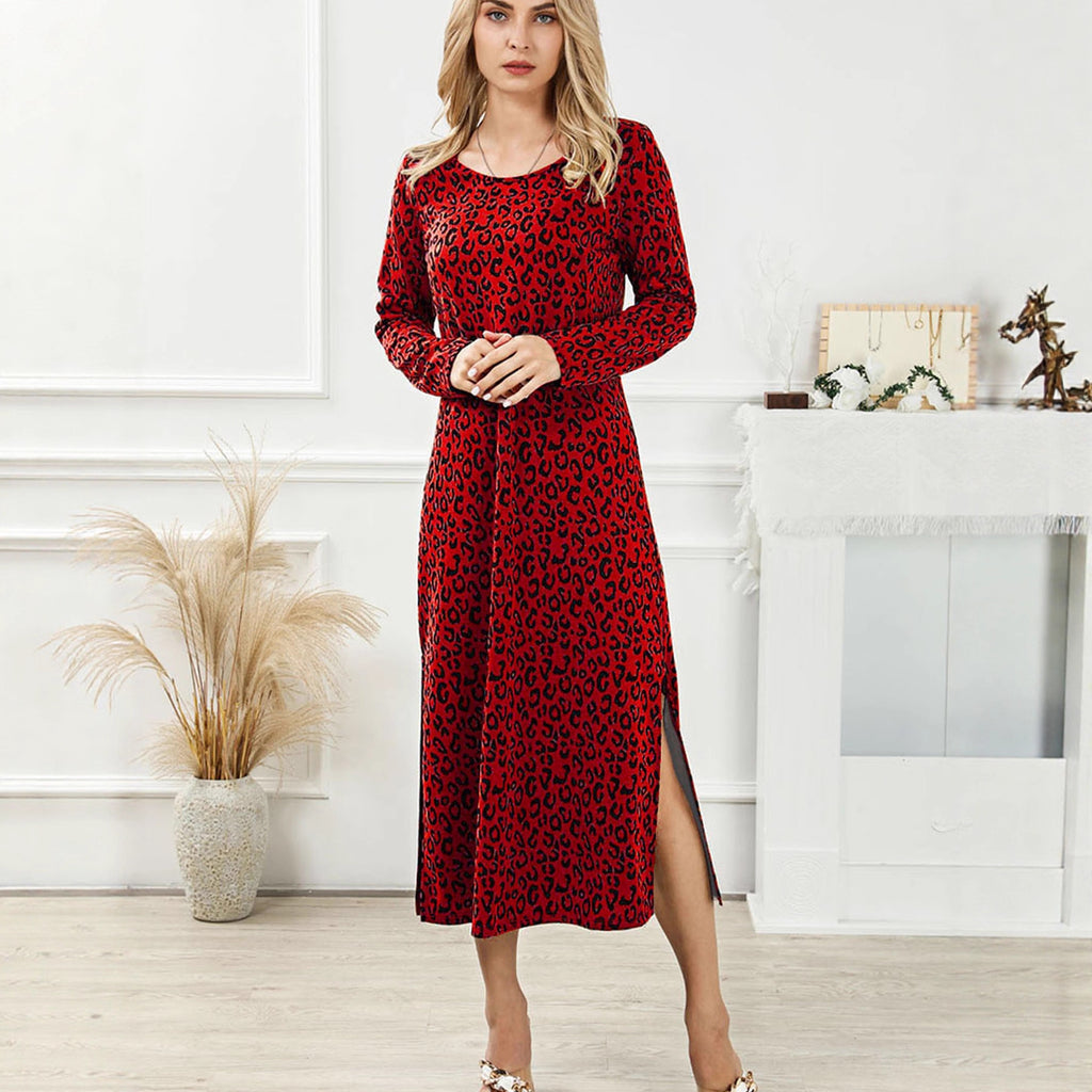 Fashion Women's Vintage Leopard Print Dress Round Neck Long Sleeve Casual Midi Dress