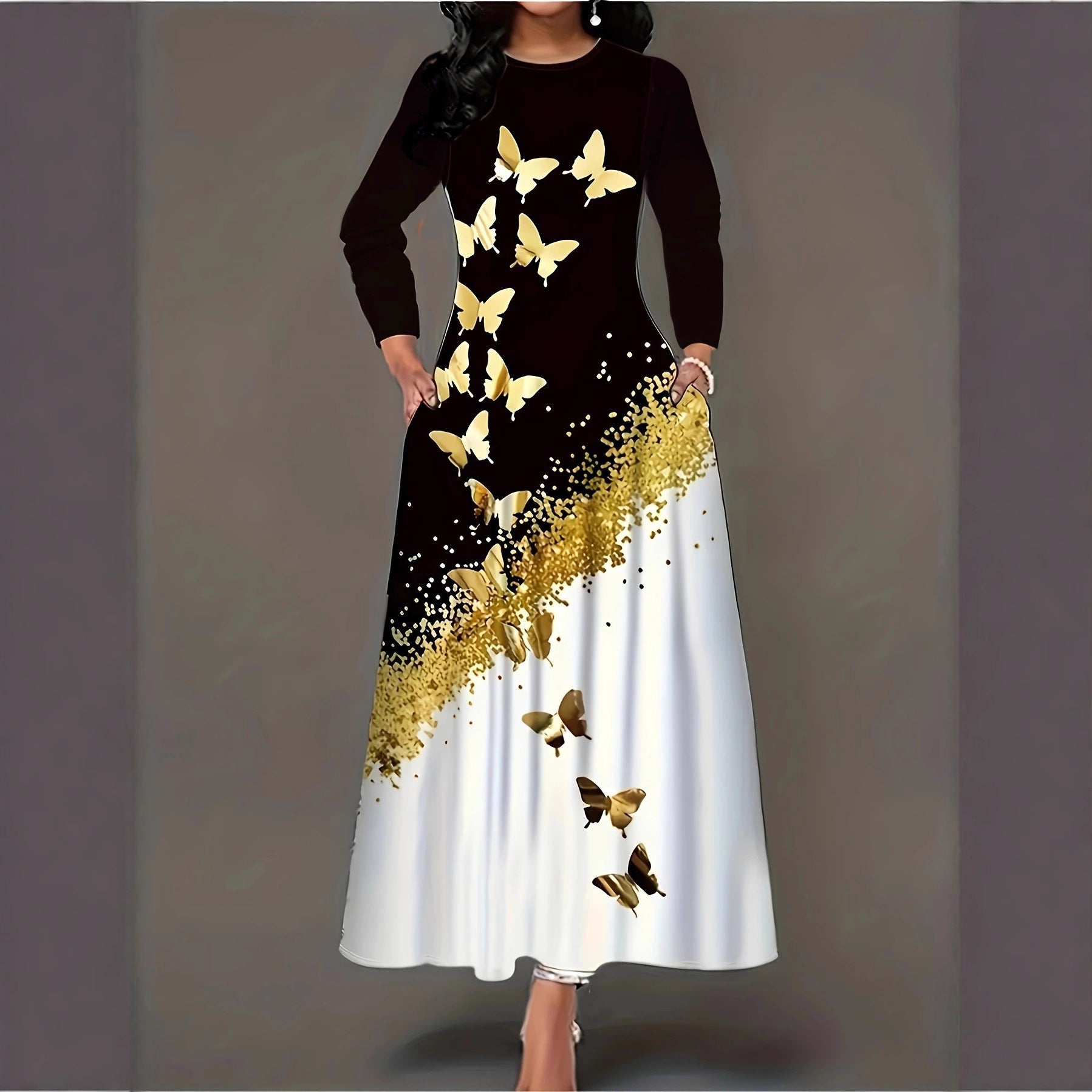 Style Butterfly Print Long Sleeve Round Neck A-Line Dress with Pockets