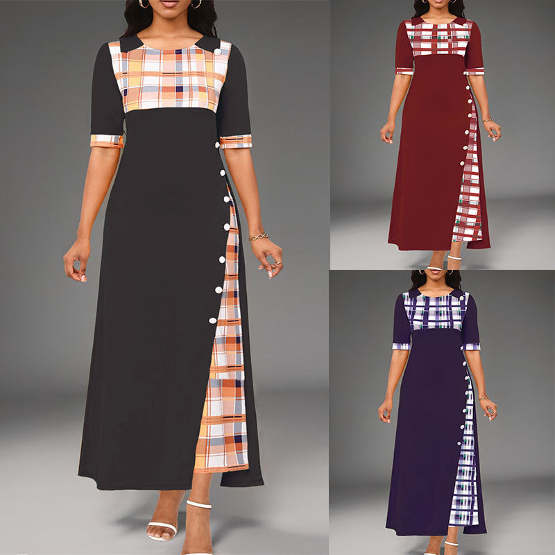 Large Stock New Style Dress Round Neck Color Block Mid Sleeve Irregular Long Dress