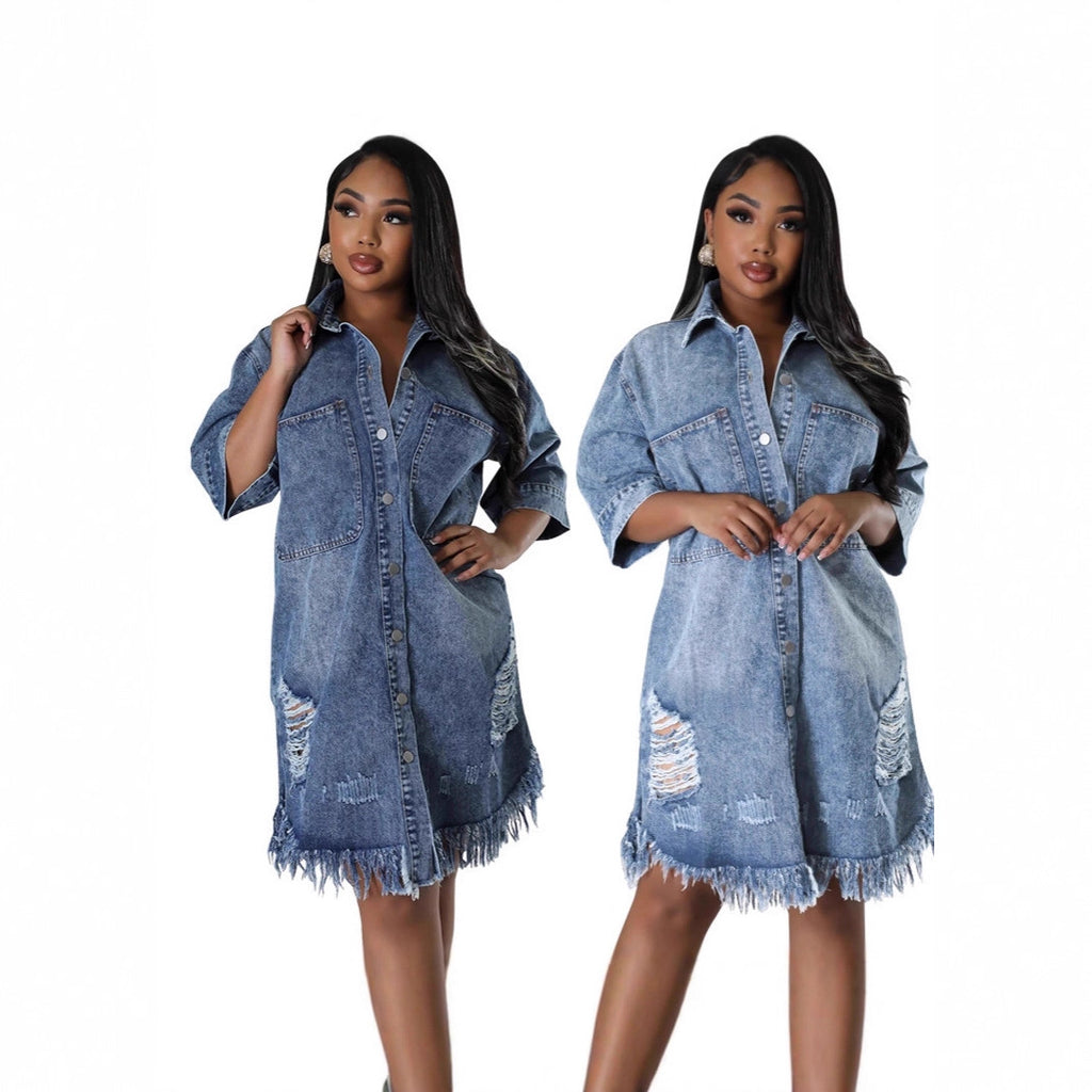 Fashionable Denim Jacket for Women with Ripped Fringe Short Sleeve Turn-Down Collar