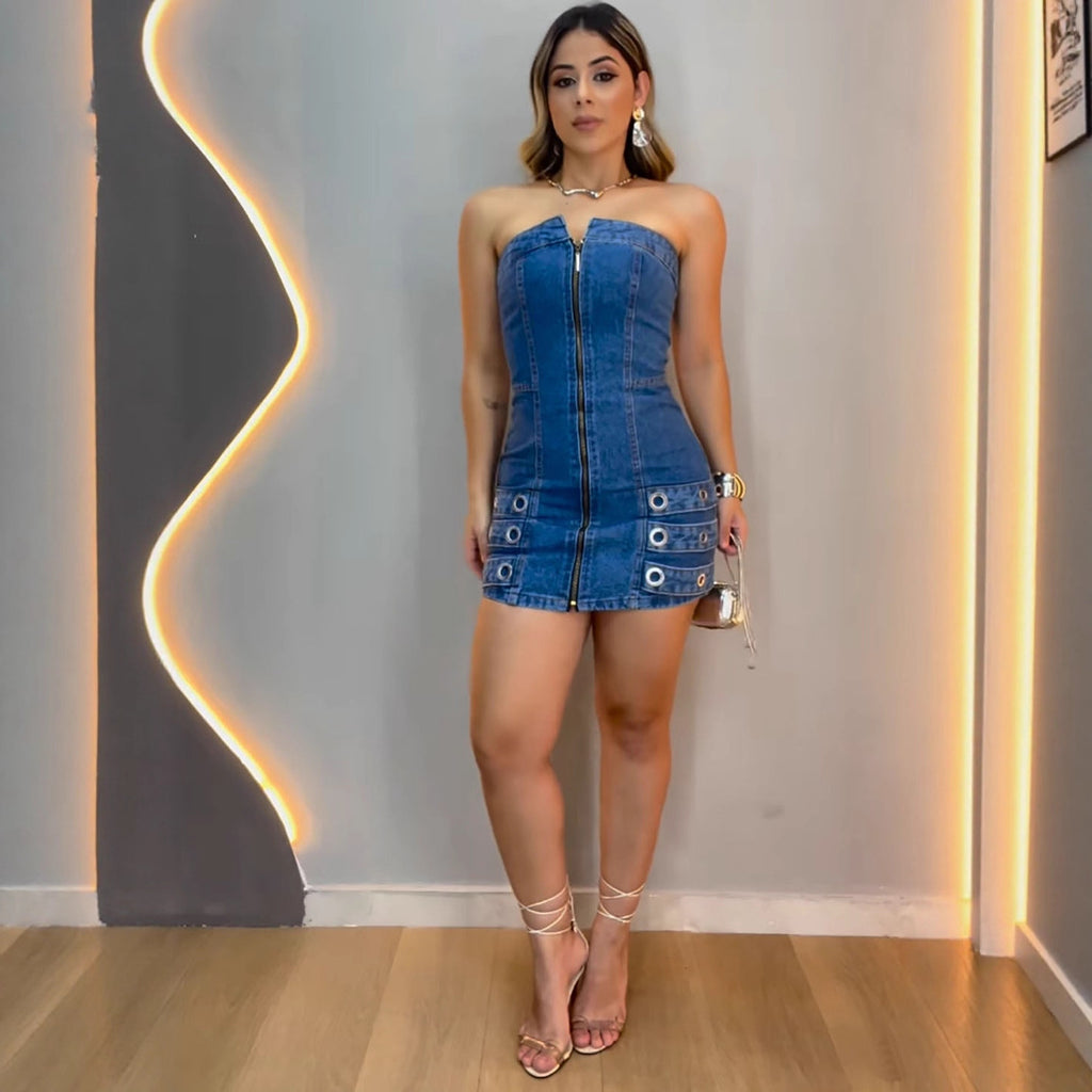 Women's Denim Dress Sexy Strapless Off-Shoulder Metal Stud Denim Mini Dress